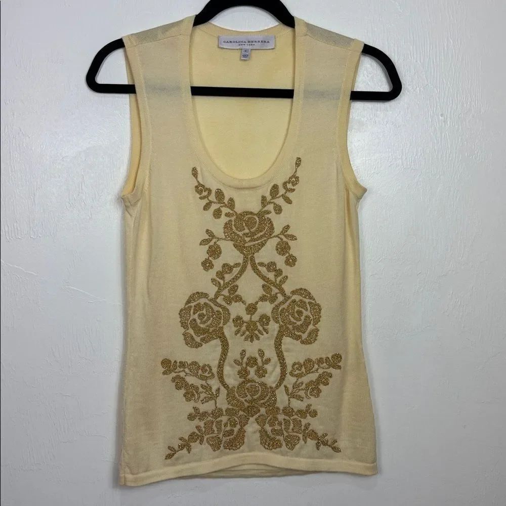 Carolina Herrera 2-Piece Virgin Wool Cardigan Tank Set Gold Embroidered M - Picture 4 of 12